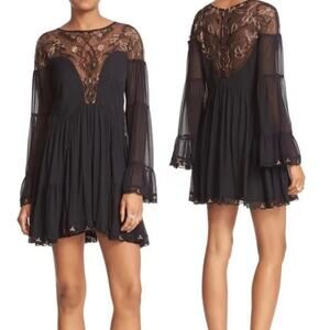 Free People Panama City Bell Sleeve Swing Mini Dress Black Women's Size Medium